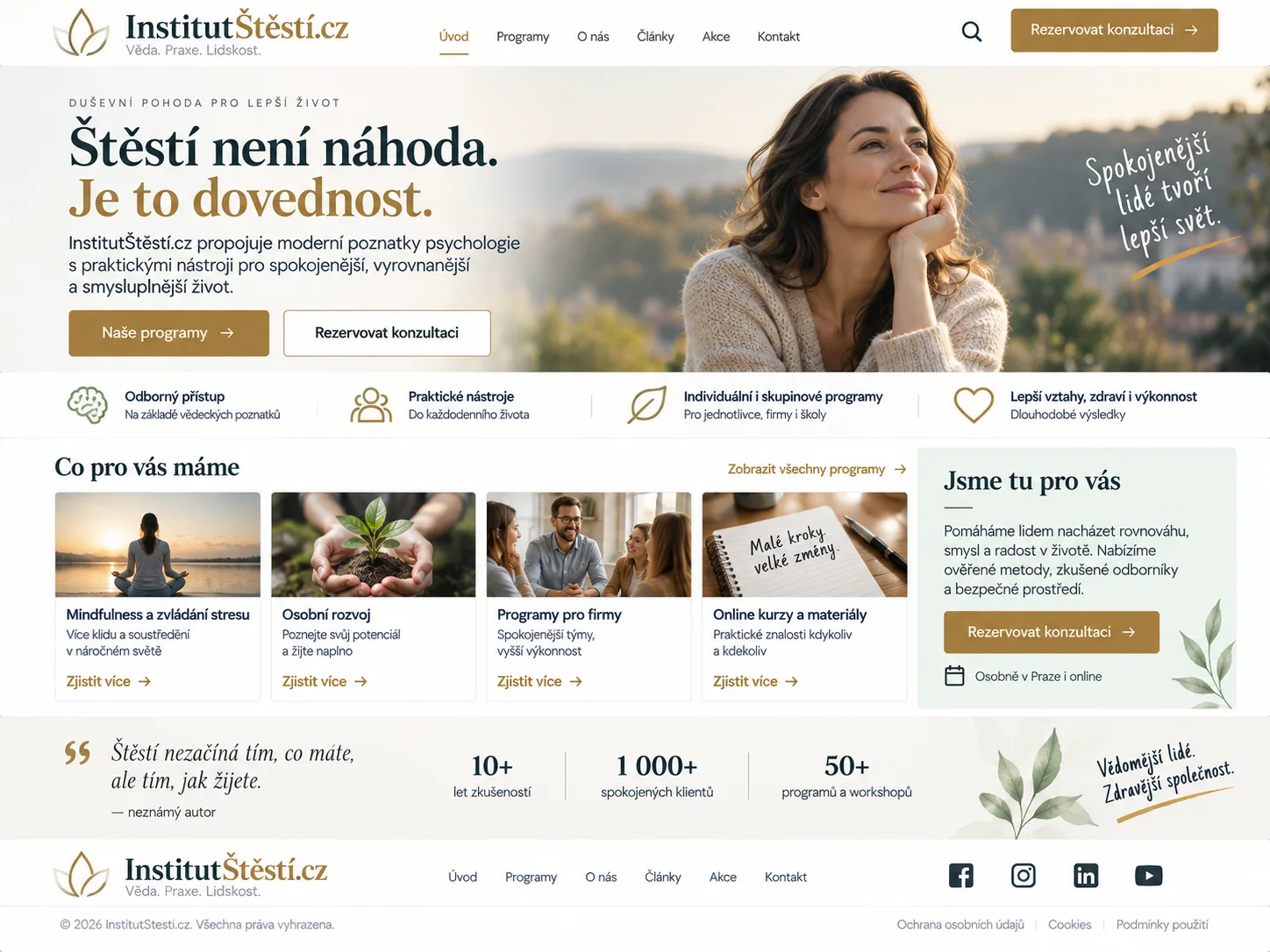 Ilustrační návrh webu InstitutStesti.cz v zelené a zlaté s kurzy a články o kvalitě života